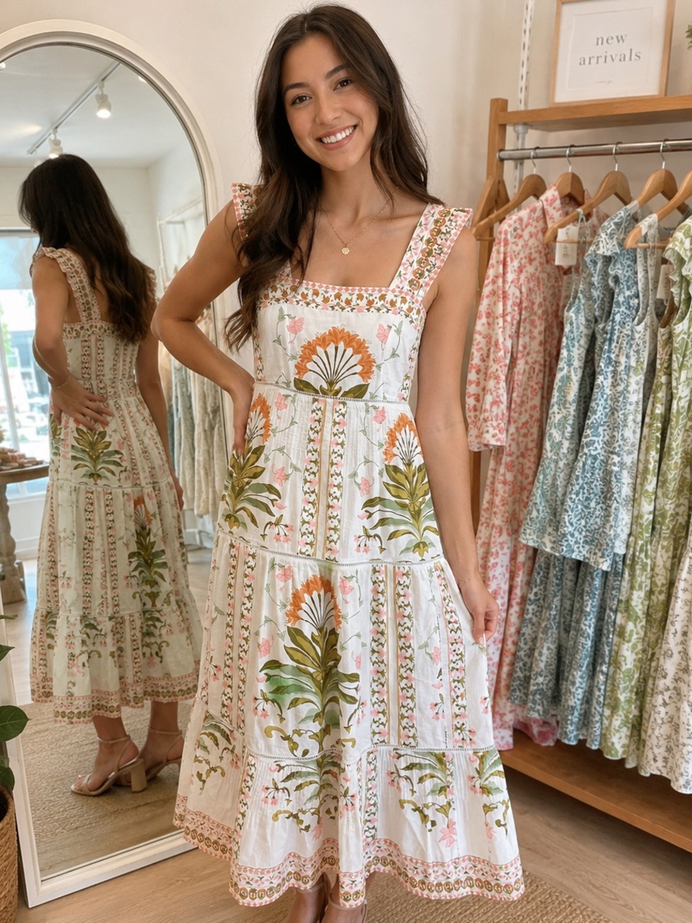 POL White Maxi Dress with Green & Orange Botanical Print